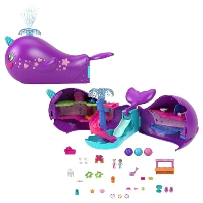 Image of Polly Pocket Sparkle Cove Adventure Dolls &amp; Toy Boat Playset, Narwhal Adventurer with 2 Micro Dolls, 3 Dissolvable Pearls 13 Accessories, HKV71
