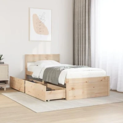 Image of vidaXL Bed Frame with Drawers Solid Pine Wood, Single 90x200 cm, Storage Base Slatted Support, Wheeled Drawers, Brown