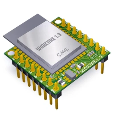 Image of CME WIDI Core Smart (BLE) breakout board that implements premium MIDI over Bluetooth Low Energy as developed by with onboard PCB antenna and populated pin header