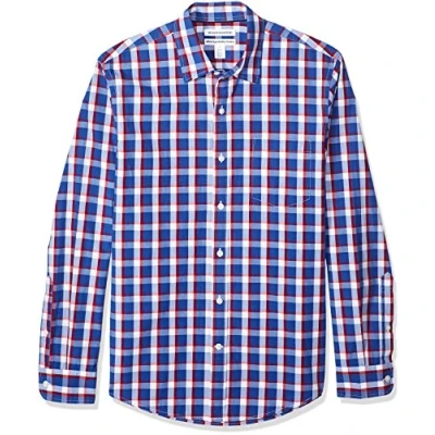 Image of Amazon Essentials Men&#039;s Slim Fit Long Sleeve Poplin Shirt, Light Blue Red Plaid, S