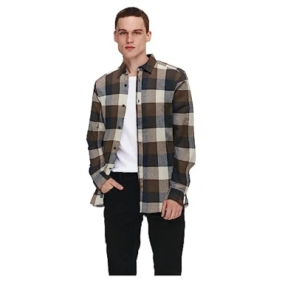 Image of ONLY &amp; SONS Men&#039;s Onsgudmund Ls 3t Check Shirt Noos, Hot Fudge, L