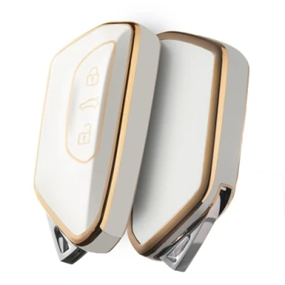 Image of OATSBASF Car Key Case for VW, Compatible with Golf 8, Seat Leon MK 4, Tarraco, Ateca, Skoda Octavia TPU Silicone (Golden Edge White)
