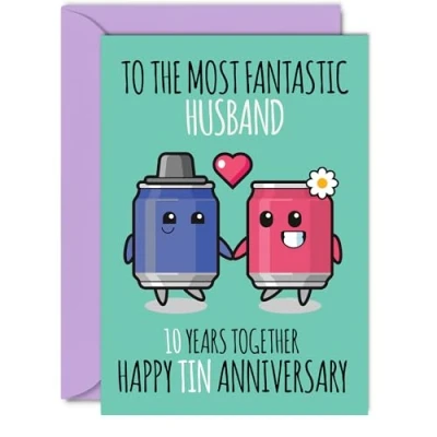 Image of Cute Tin Anniversary Card for Husband 10 Years Together Happy 10th Wedding Cards from Wife, A5 Greeting Tenth Anniversaries