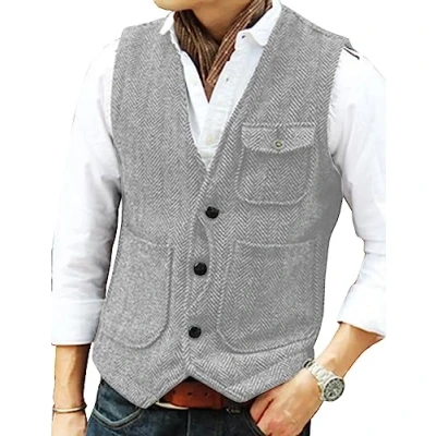 Image of Solovedress Mens Vintage Wool 3 Real Pockets Suit Vest V Neck Tweed Waistcoat for Wedding Groomsmen(Silver Grey,L)