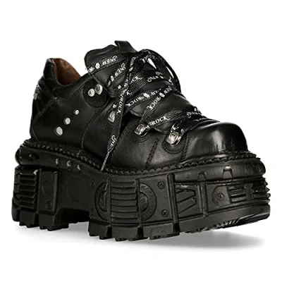 Image of NEW ROCK Original Platform M.TANK120NSHLACE S1 Unisex Military Leather Shoes, Black/White, 4 UK