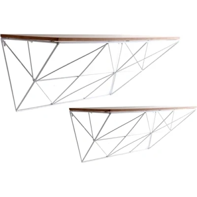 Image of Garden Mile Geometric Modern Shelving Set of Two Floating Shelves White Metal &amp; MDF Shelf Wooden Wall Mounted Storage for Home or Office Hanging