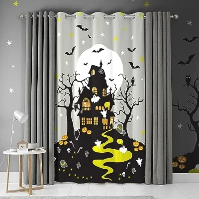 Image of Bedlam Halloween Eyelet Curtain W54 x L84 (138 214cm) 1x Single Panel Glow in the Dark Spooky Haunted House Decorations Matching Bedding Available