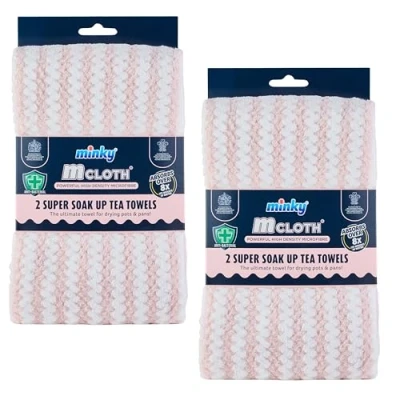 Image of Minky Super Soak Up Tea Towels Pink Pack of 4, Ultra Absorbent, Powerful High Density Microfibre, Anti Bacterial Formulation, Hanging Tag For Easy Storage, Machine Washable