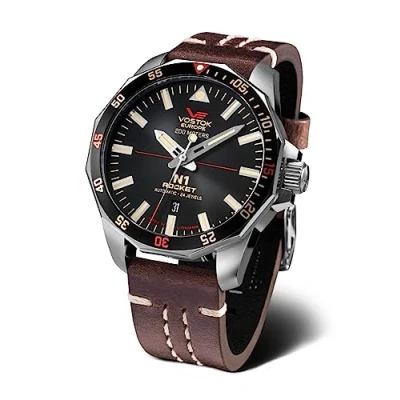 Image of Vostok Europe Men&#039;s Watch with Leather Strap N1 Rocket Automatic 20 ATM SII NH35A Date, 225a709 Black/Brown
