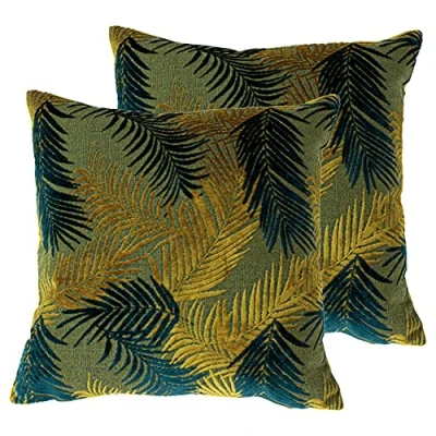 Image of Paoletti Palm Grove Polyester Filled Cushions (Twin Pack), Gold/Teal, 50 x 50cm