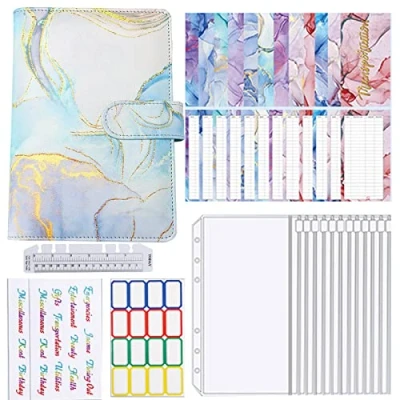 Image of Budget Binder with Cash Envelopes A6 PU Leather Money Saving Wallet Ring Binders Organiser Book Stuffing Planner for Saving/Budgeting Sheets (Blue)