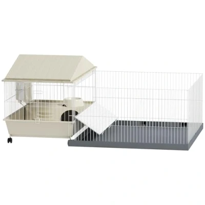Image of PawHut Guinea Pig Cage with Removable Pet Playpen, Waterproof Pad, Hay Feeder, Water Bottle, Food Dish, Hideaway, Balcony, Soft Covered Ramp, Wheels, Small Animal for Pig, Hedgehog