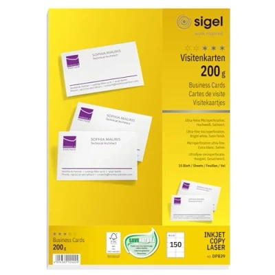 Image of SIGEL DP839, 85x55 mm (A4), Business Cards, mp, 200 gsm, printable, bright White, 150 Piecesequal to15 sheets