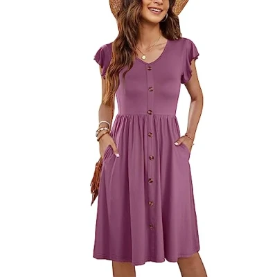 Image of MOLERANI Women Summer Dresses Ruffle Sleeve V Neck Casual Swing Elastic Waist Midi Dress with Pockets Violet S