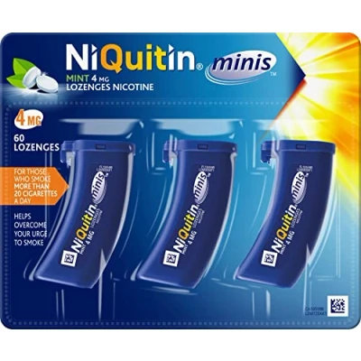 Image of NiQuitin Minis Mint 4 mg Lozenges Effective Smoking Craving Relief Practical Pocket Sized Container Relieve Sudden Cravings Reduce and Quit Aid, 60 Mini
