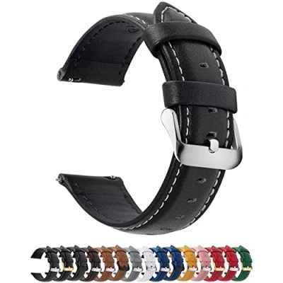 Image of Fullmosa Watch Strap, Genuine Leather Straps with Stainless Metal Clasp, Quick Release Replacement Bands, 14mm 16mm 18mm 19mm 20mm 22mm 24mm, Black