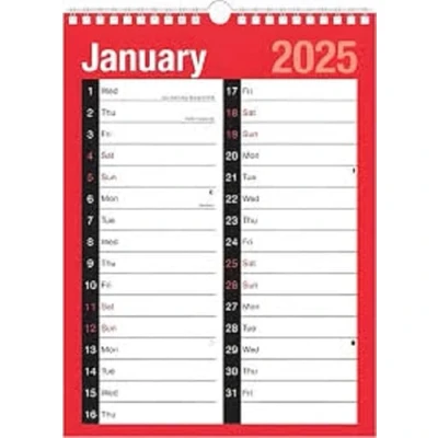 Image of 2025 Calendar A4 Large 2 Column Month to View Spiral Bound Wall Planner for Home Business Office School 1 January 31 December