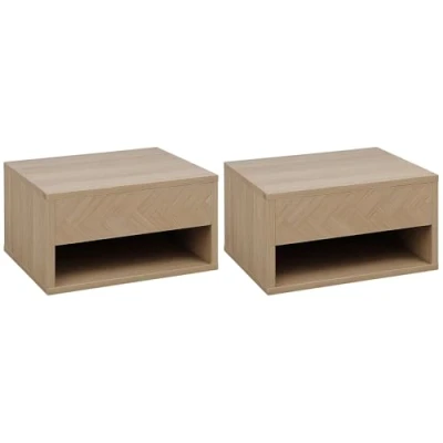 Image of HOMCOM Floating Bedside Table Set of 2 Wall Mounted Nightstand with Storage Drawer and Open Shelf for Bedroom, Natural