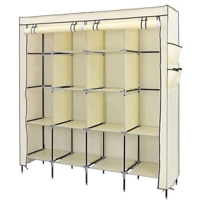 Image of ARA CHOICE Triple Large Canvas Material Wardrobe Foldable Cupboard Storage Organiser Shelving Fabric Portable Dust Proof Cover New Base Design Wardrobes for Bedroom Beige