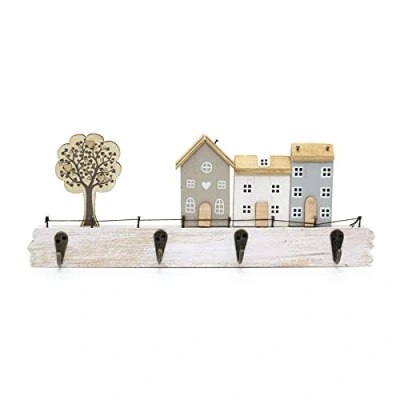 Image of 34cm Shabby Chic House Design Wall Mounted Hanger Hooks Street Scene Wooden Rack Decorative 4 Peg
