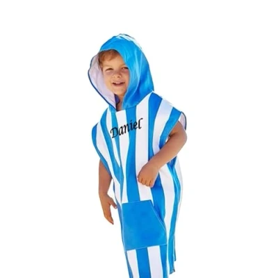 Image of Personalised Kids Poncho Towel Hooded For Swimming Towels Age 3 7 Boys Blue Stripe Embroidered With Name Beach Swim Changing Robe