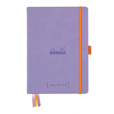Image of RHODIA 118578C Bullet Journal Goalbook Iris Rigid Notebook A5 Dotted Dot 240 Pages White Clairefontaine Paper 90g 3 Ribbons, Elastic Closure Faux Leather Cover