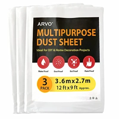 Image of ARVO 3 Pack Extra Large Plastic Dust Sheets for Decorating 3.6m x 2.7m (12ft 9ft), Waterproof Polythene Painting, Furniture, Floor Protection, Ideal with Paint Coveralls, Packaging May Vary