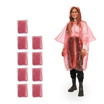 Image of Relaxdays Rain Poncho Set of 10, With Hood, Single Use Raincoat for Adults, Unisex Protection Cape, PE, red