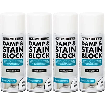 Image of Pro Kleen Damp &amp; Stain Block Spray Paint Primer White Matt 4 x 400ml Covers Damp, Mould, Grease, Nicotine Rust Stains For Walls Ceilings Leaves a Waterproof Barrier