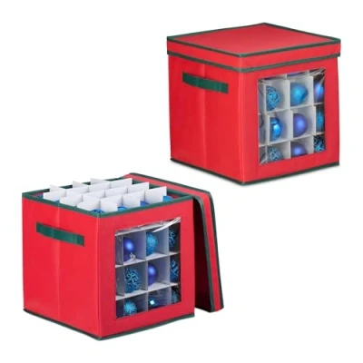 Image of Relaxdays Christmas Bauble Storage Box, 64 Compartments, Viewing Window, HWD: 33 x 32 cm, Decor Spheres, Red/Green