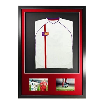 Image of Vivarti DIY Infant 3D Mounted + Double Aperture Sports Shirt Display Frame for Football Shirt, Rugby Band T Shadow Box 50x 70cm Black Frame, Red Mount, Backing Card