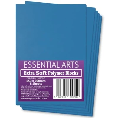 Image of Essential Arts Extra Soft 150 x 200mm Double Sided Blue Polymer Blocks Pack of 5 3mm Super Relief Printing Sheets for Easy Lino Carving Art and Craft