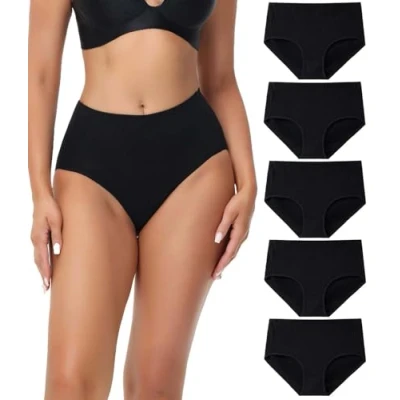 Image of wirarpa Underwear Women Mid High Waist Knickers Comfortable Ladies Cotton Pants Full Briefs 5 Pack Black Size X Large