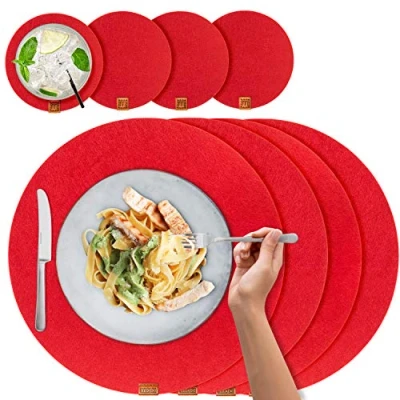 Image of Scandi Style Felt &amp; Leather Placemats (Round) 4 Table Mats + Glass Coaster