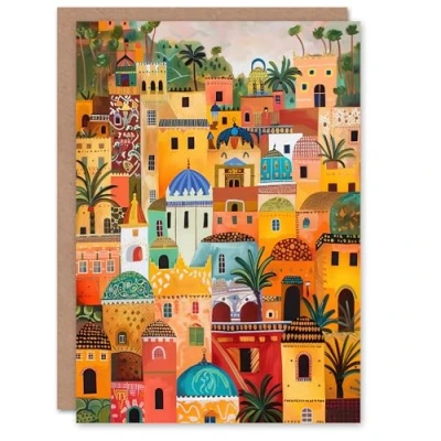 Image of Artery8 Colourful Moroccan Cityscape Painting Exotic Sun Greeting Birthday Card Him Her All Blank