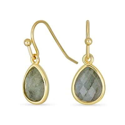 Image of Delicate Fine Gemstone Grey Iridescent Labradorite Faceted Briolette Teardrop Pear Shaped Drop French Wire Fish Hook Earrings For Women Yellow Gold Plated