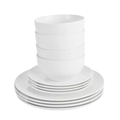Image of 12PC Dinnerware Porcelain White Set: 4 Dinner Plates, Side Plates &amp; Bowls. Dishwasher Microwave Safe.