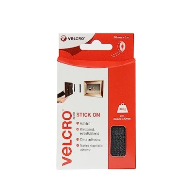 Image of VELCRO® Brand Stick On Tape Cut to Length Strong Hook &amp; Loop Self Adhesive Sticky Perfect for Room Décor Home, Office, Garage Use Black 20mm x 1m