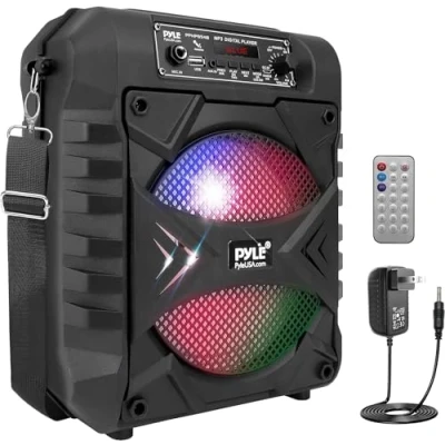 Image of Pyle, Portable Bluetooth PA Speaker System 300W Rechargeable Party Speaker, w/ 8 Subwoofer, AUX, Microphone in, Lights, MP3/USB, Radio, Remote Controller, Easily with Handles &amp; Strap