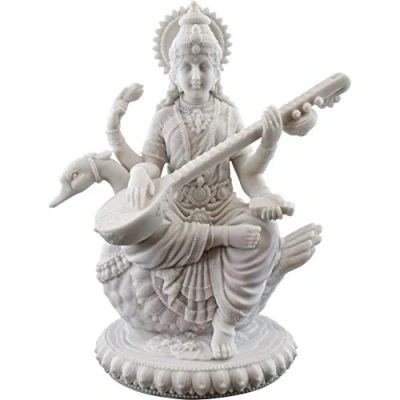Image of Top Collection 8&quot; H 7&quot; W Saraswati on Swan Statue in White Marble Finish Hindu Goddess of Knowledge Sculpture