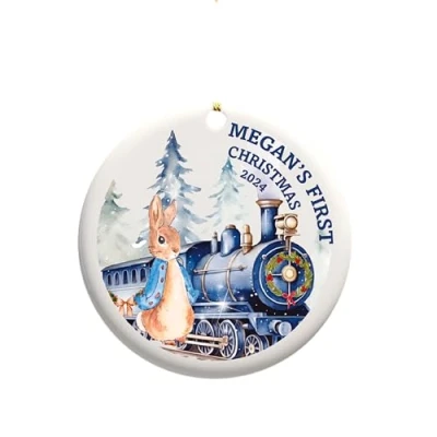 Image of Personalised First Christmas Cute Rabbit Express Bauble Xmas Festive Bunny Train Snowy Present