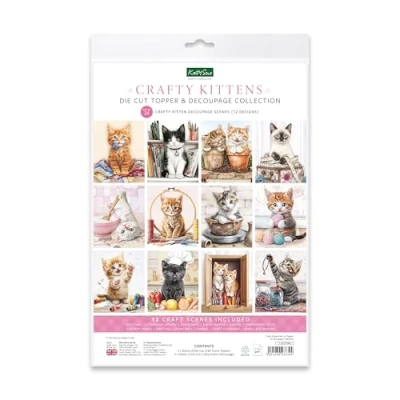 Image of Katy Sue Crafty Kittens Die Cut Card Topper &amp; Decoupage Collection. 4 Sheets of Kitten Cat Themed Toppers Matching for Making Supplies Craft