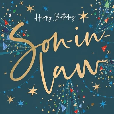 Image of Noel Tatt Son in Law Birthday Card Confetti Stars and Bunting Starburst Embossed with a Foil Finish Eco Friendly Recyclable