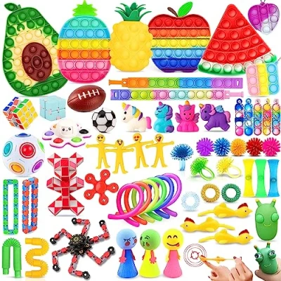 Image of Paochocky Fidget Toy Set, 62PCS With Box Toys Pack, Sensory Anxiety Decompression for Autism ADHD, In Rainbow Ball, Green Bug Relaxing Adults Kids Birthday Party Gift