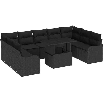 Image of vidaXL 10 Piece Garden Sofa Set with Cushions Black Poly Rattan