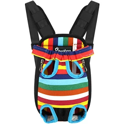 Image of Pawaboo Pet Carrier Backpack, Adjustable Front Cat Dog Backpack Travel Bag, Legs Out, Easy Fit for Traveling Hiking Camping Small Medium Dogs Cats Puppies, Large, Colorful Strips