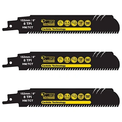 Image of 3 x SabreCut SCRS930HM_3 Tungsten Carbide 152mm 8 TPI S930HM Very Fast Wood and Metal Cutting Reciprocating Sabre Saw Blades Compatible with Bosch Dewalt Makita many others