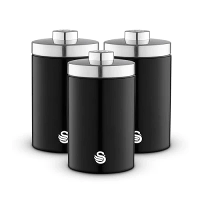 Image of Swan SWKA18530BLK Townhouse Set of 3 Kitchen Storage Canisters for Tea, Coffee, and Sugar with Pull Chrome Handles, Airtight Lids, Colour Coated Iron Accents, 1.6L, Black