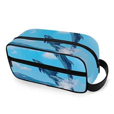 Image of Moyyo Dolphins Jumping On The Water Toiletry Bag Portable Wash Travel Hanging Cosmetic Gym Camping for Women Mens Girls Kids