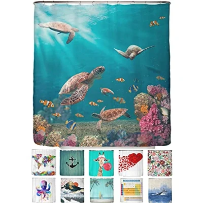Image of arteneur® Sea turtles anti mould shower curtain 180 x 200 cm recycled with Öko Tex Standard 100 weighted hem, opaque, waterproof, washable, 12 rings &amp; e book (English language not guaranteed)